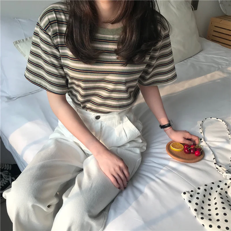 Brownm Brownm 2024 New Striped Short-Sleeved T-Shirt Korean Version Bottom Shirt Women's Student Top Women's Clothing