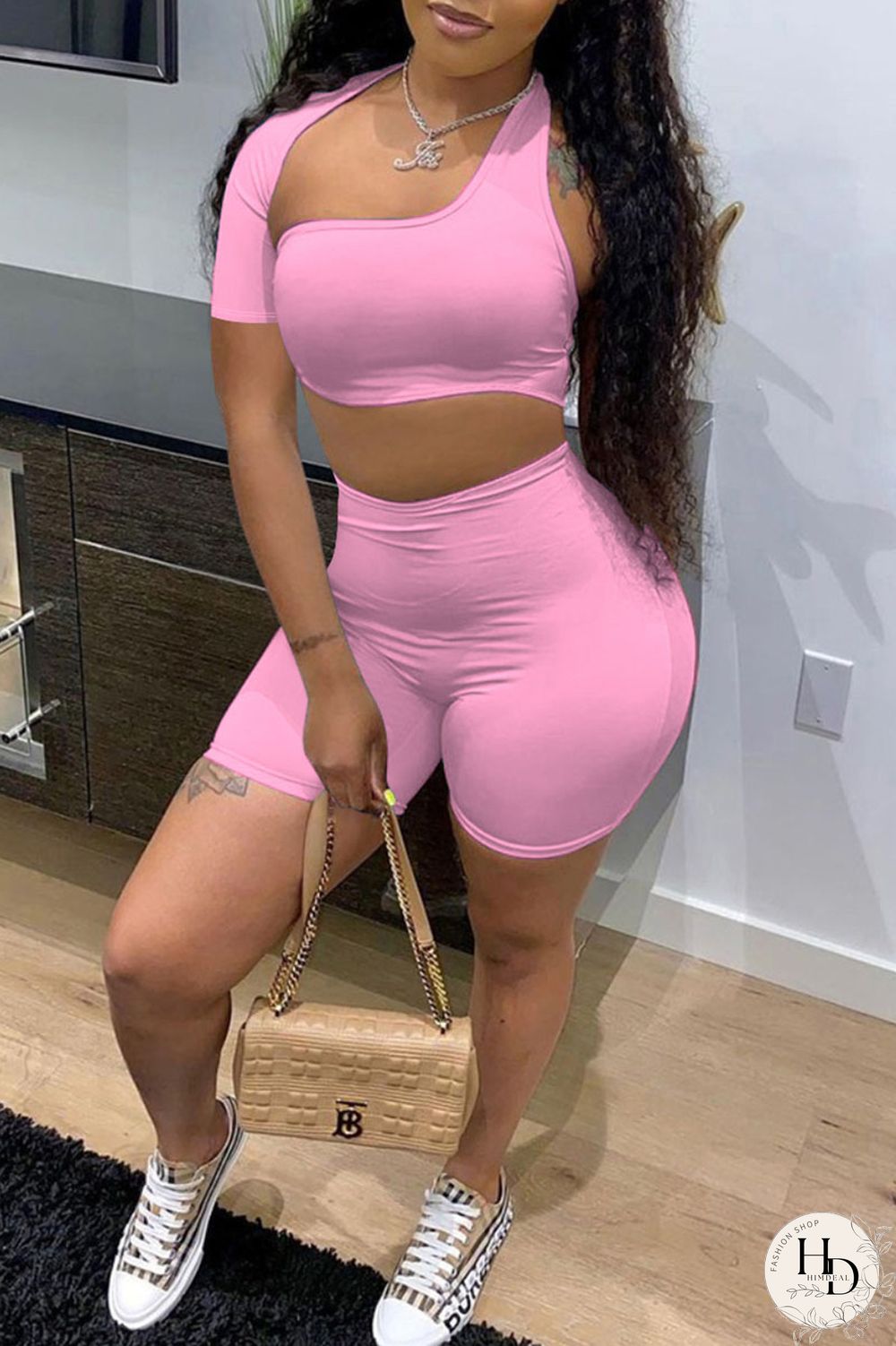 Blue Sexy Solid Hollowed Out Asymmetrical Collar Short Sleeve Two Pieces