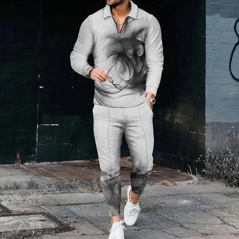 Fashion Men's Long Sleeve Polo Shirt And Two Piece Set