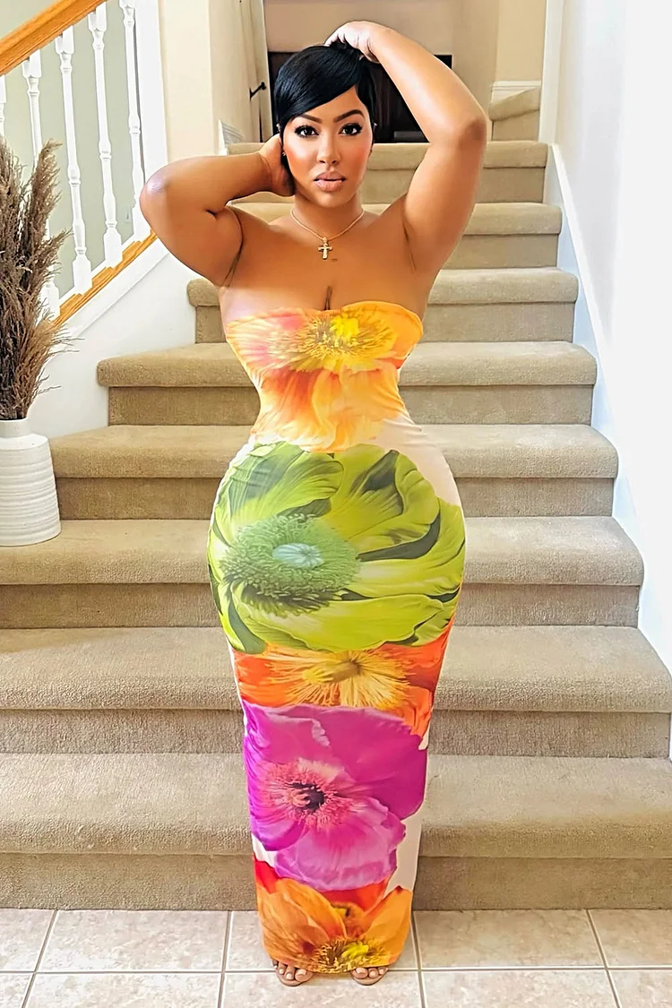 Floral Print Strapless Bodycon Party Maxi Dresses-Multicolor