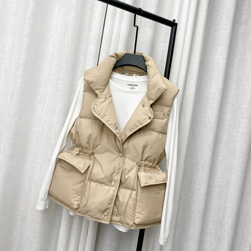 FTLZZ Winter Single Breasted Light Down Short Vest Jacket Women White Duck Down Coat Waist Retractable Pocket Sleeveless Outwear