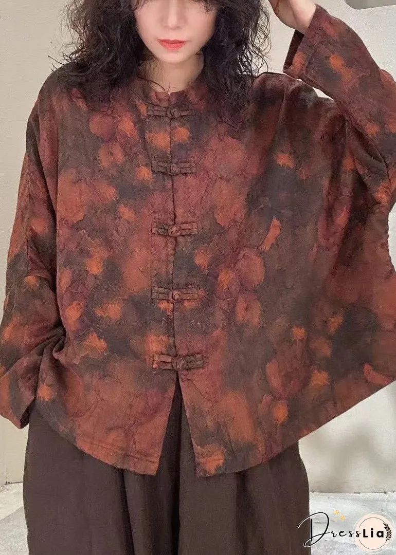Vintage Mulberry Stand Collar Print Chinese Button Linen Blouses Spring