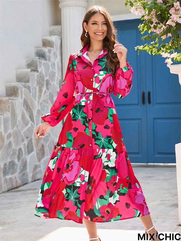 Printed Single-Breasted Long-Sleeved Dress with Big Swing