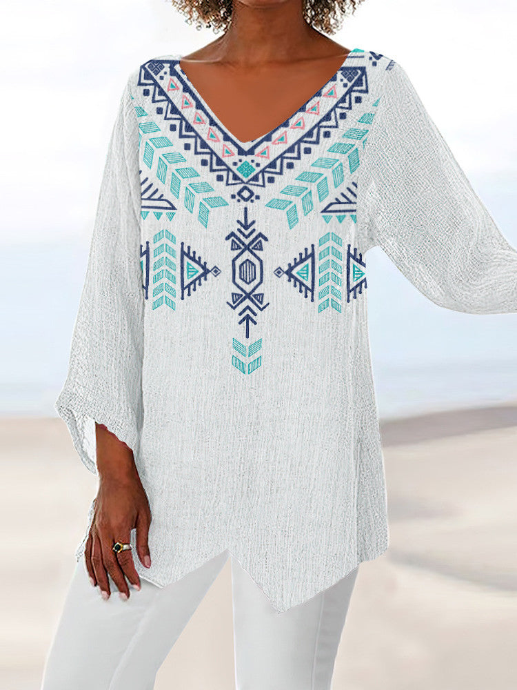 Women Long Sleeve V-neck Graphic Floral Printed Top