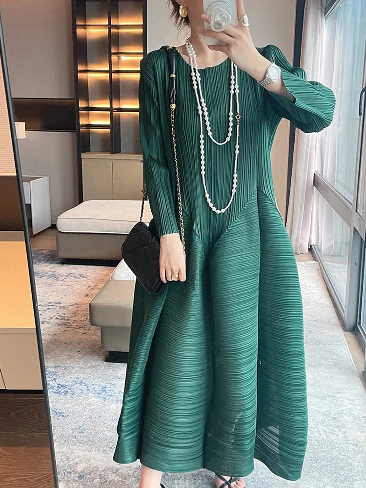 Elegant Green Patchwork Tailoring Hem Long Sleeve Pleated Dress