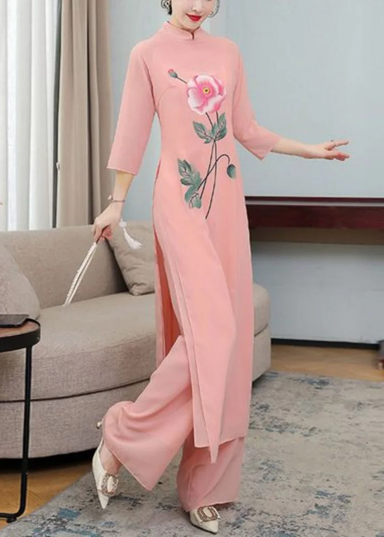 Silm Fit Pink Floral Print Silk Cheongsam Dress Two Pieces Set Fall