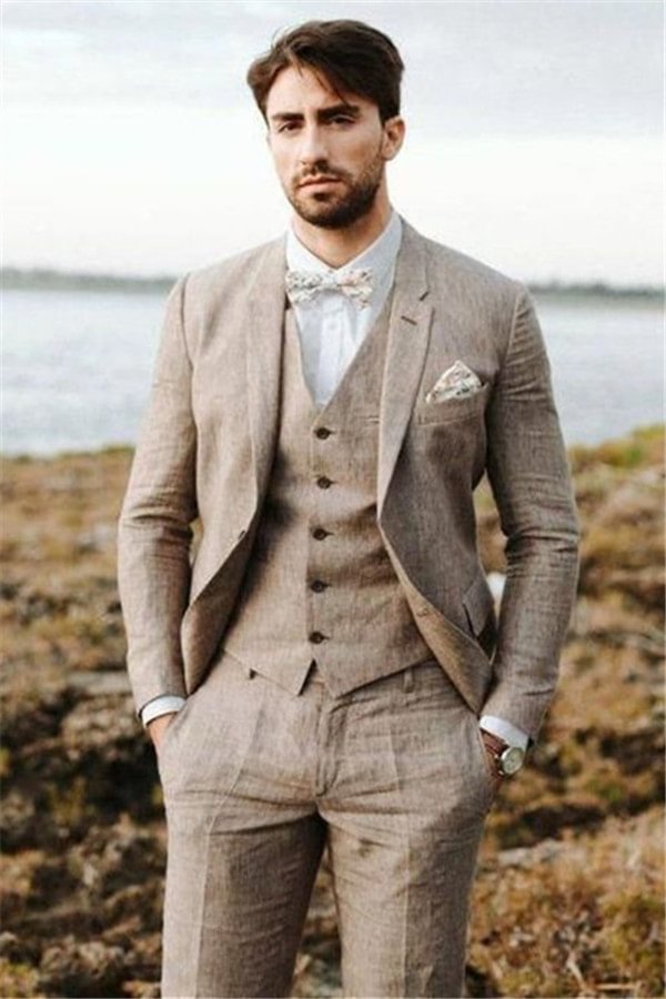 Khaki Linen Romantic Summer Beach Mens Suits Groom Wedding Tuxedos with 3 Pieces | Ballbellas Ballbellas