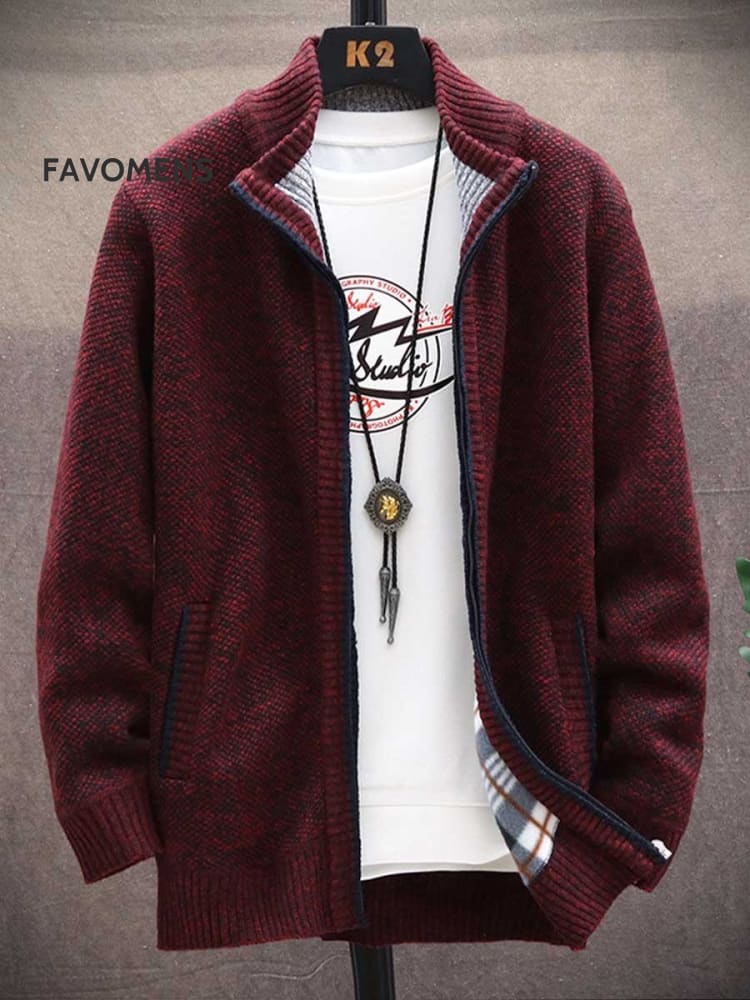 Men’s Add Velvet Thickened Casual Sweater Jacket Red / M