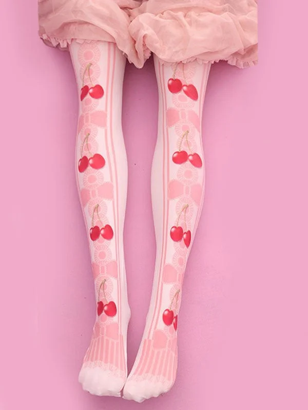 Sweet Stockings Pink Velvet Cherry Printed Lolita  Knee High Socks Novameme