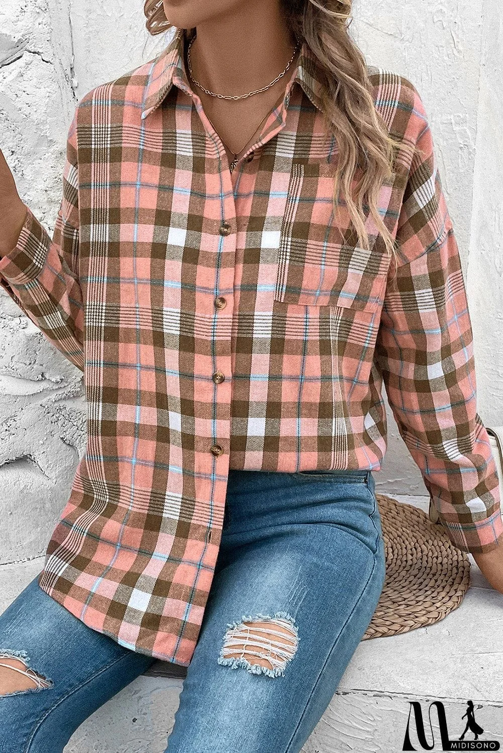 MidiSono - Plaid Collared Neck Long Sleeve Button-Up Shirt