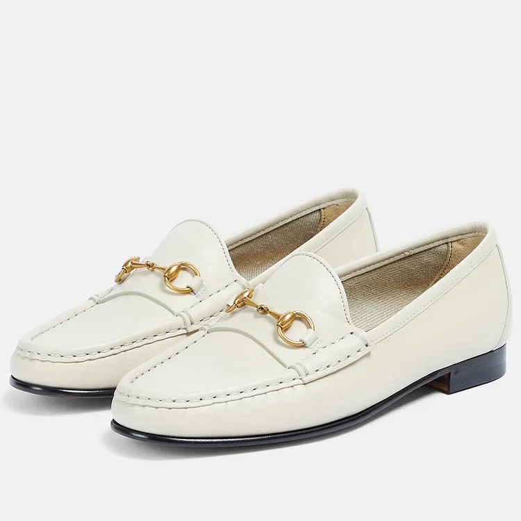 White Classic Round Toe Flat Horsebit Women's Loafers |FSJ Shoes