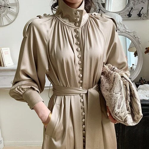 Awfesk 2023   French Solid Turtleneck Luster Single-breasted Strap Waist Lantern Sleeve Long Dress for Women