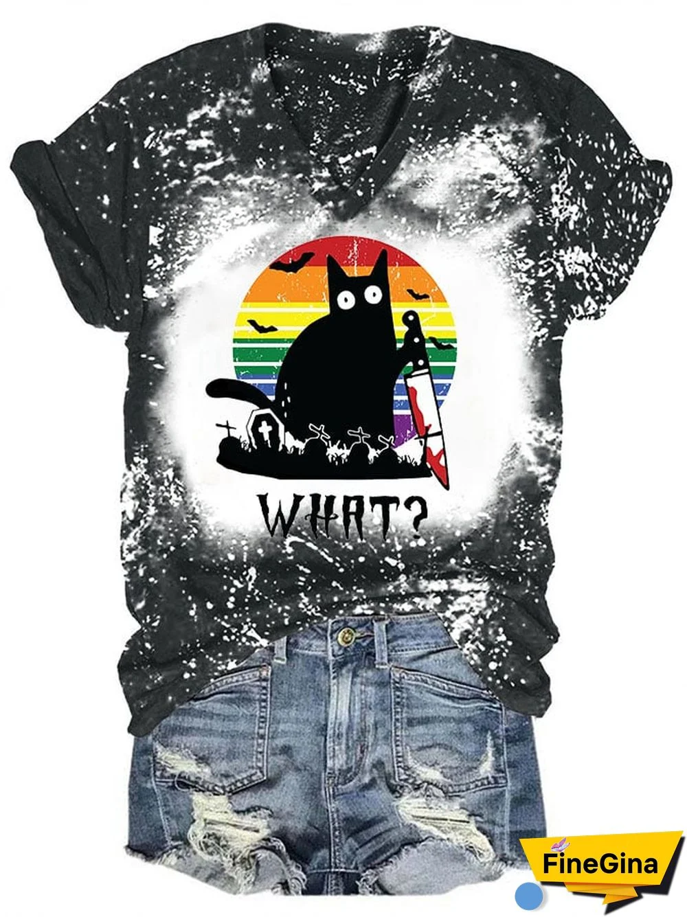 Women's Halloween Black Cat Print Short Sleeve T-Shirt