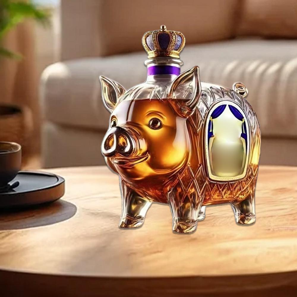 Tegooe Luxury Pig Decanter with Crown Stopper Novelty Glass Liquor Dispenser for Whiskey