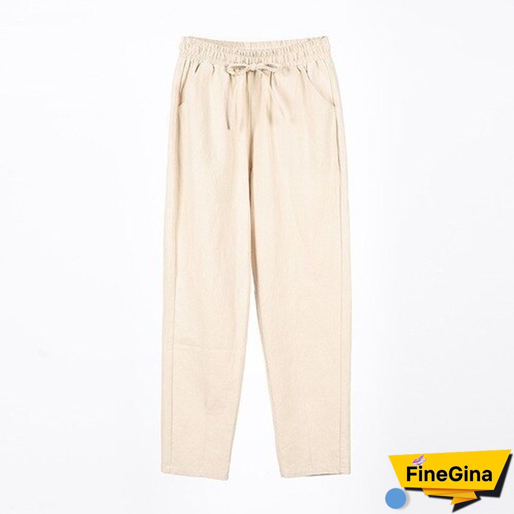 Woman Summer Harem Pants Vintage Candy Colors Cotton Linen Wide Leg Pants Solid Elastic Waist Ankle-length Capris Trousers