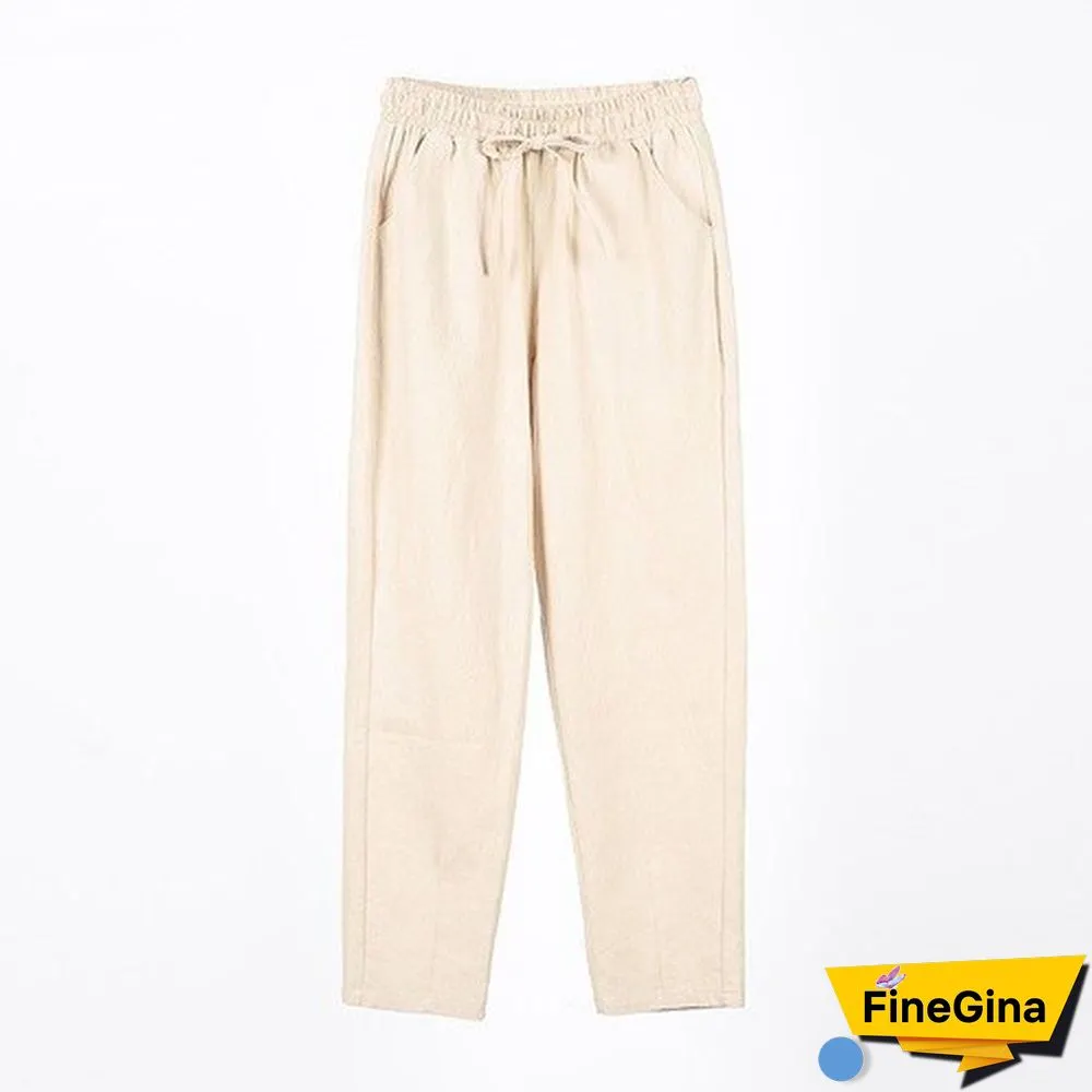 Woman Summer Harem Pants Vintage Candy Colors Cotton Linen Wide Leg Pants Solid Elastic Waist Ankle-length Capris Trousers