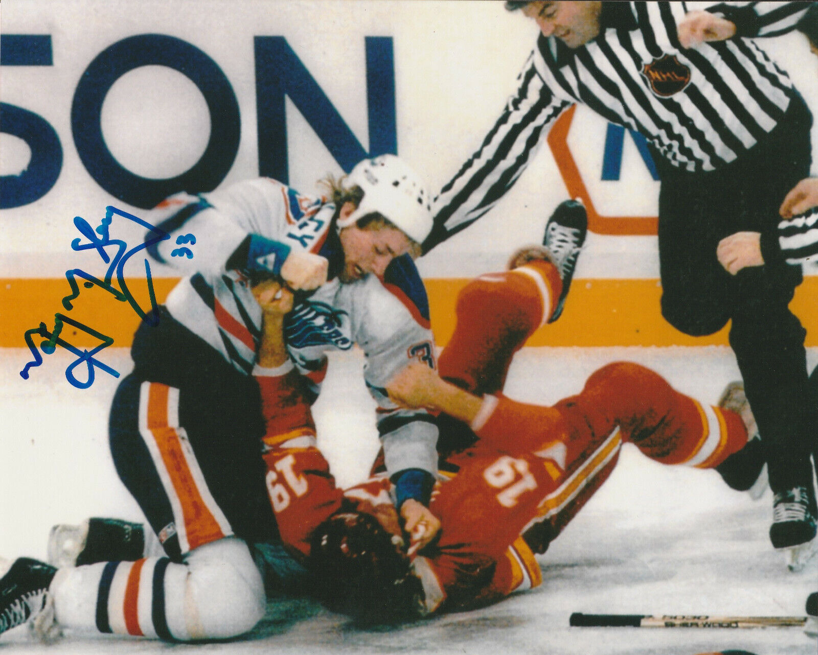 VINTAGE MARTY McSORLEY SIGNED EDMONTON OILERS HOCKEY FIGHT 8x10 Photo Poster painting! Autograph