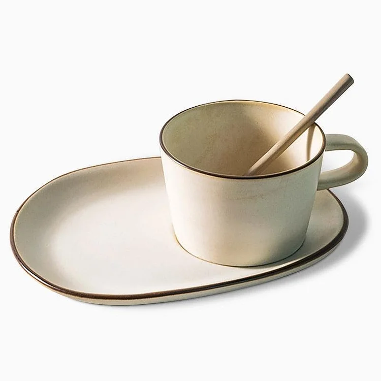 White Stoneware Mug Coffee Cup Teacup with Oval Rectangle Saucer - Appledas