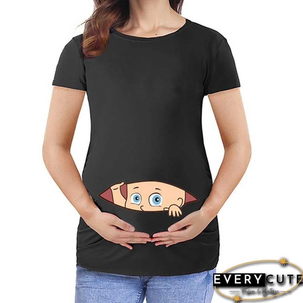 Women's Baby Cartoon Printed Short Sleeve Maternity Pregnancy T-shirt Tops