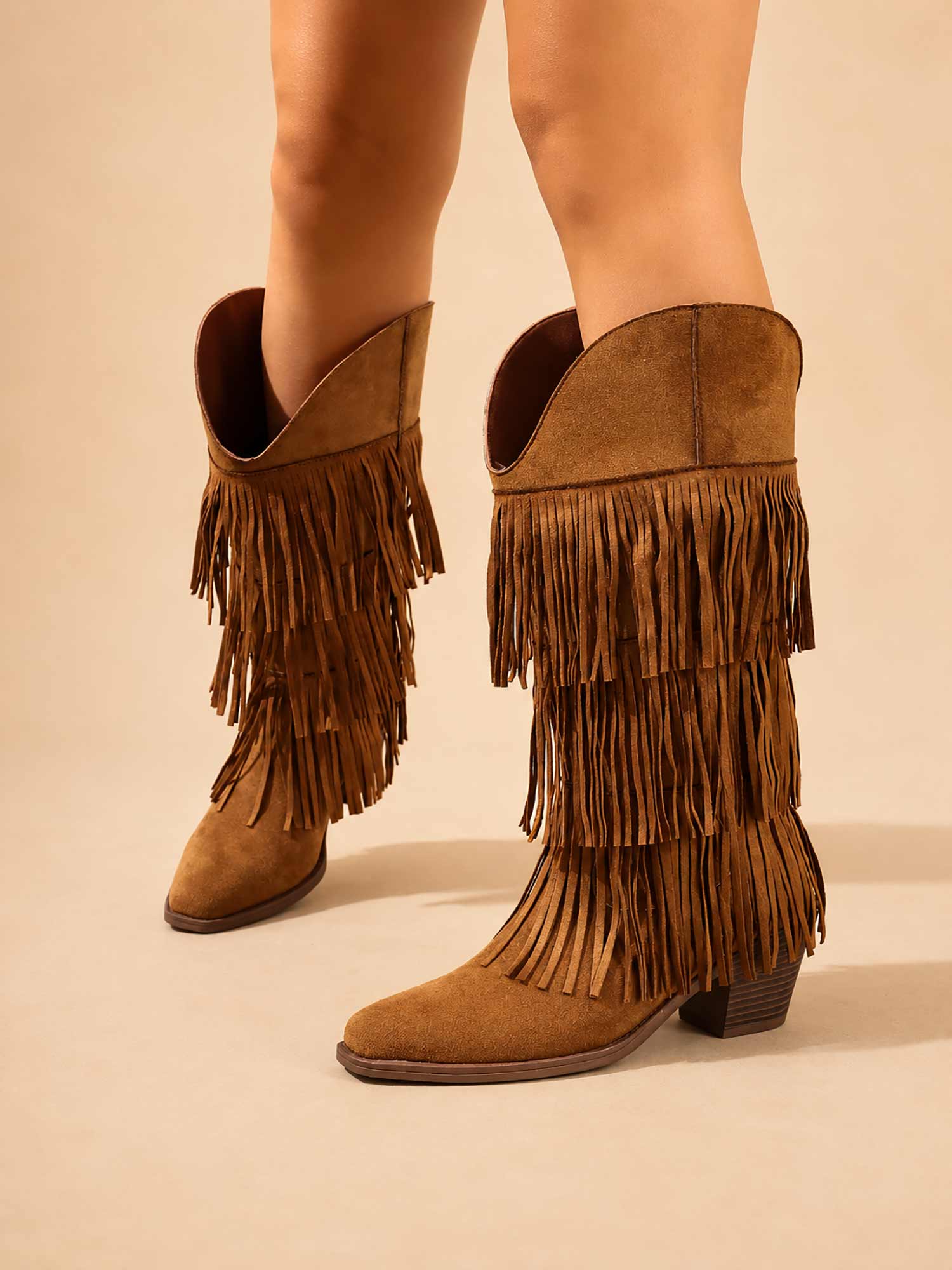Brown Tiered Fringe Spring/Summer 2026 Faux Suede Women's Mid-Calf Western Boots