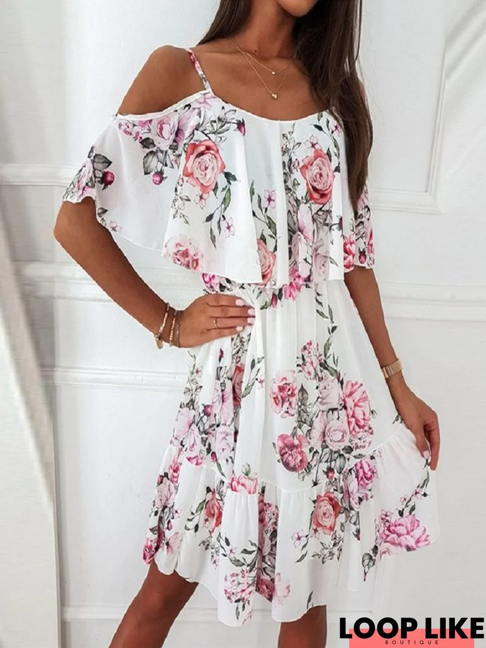 Chiffon Print Suspender Off Shoulder Dress White Dresses