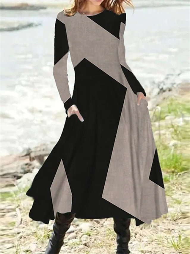 Women's Long Sleeve Scoop Neck Geometric Graphic Midi Dress