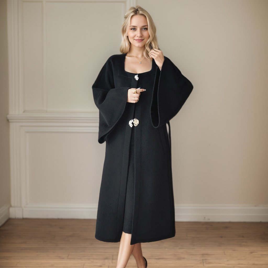 Women's Black 100% Wool Coat with Embellished Button REAL SILK LIFE