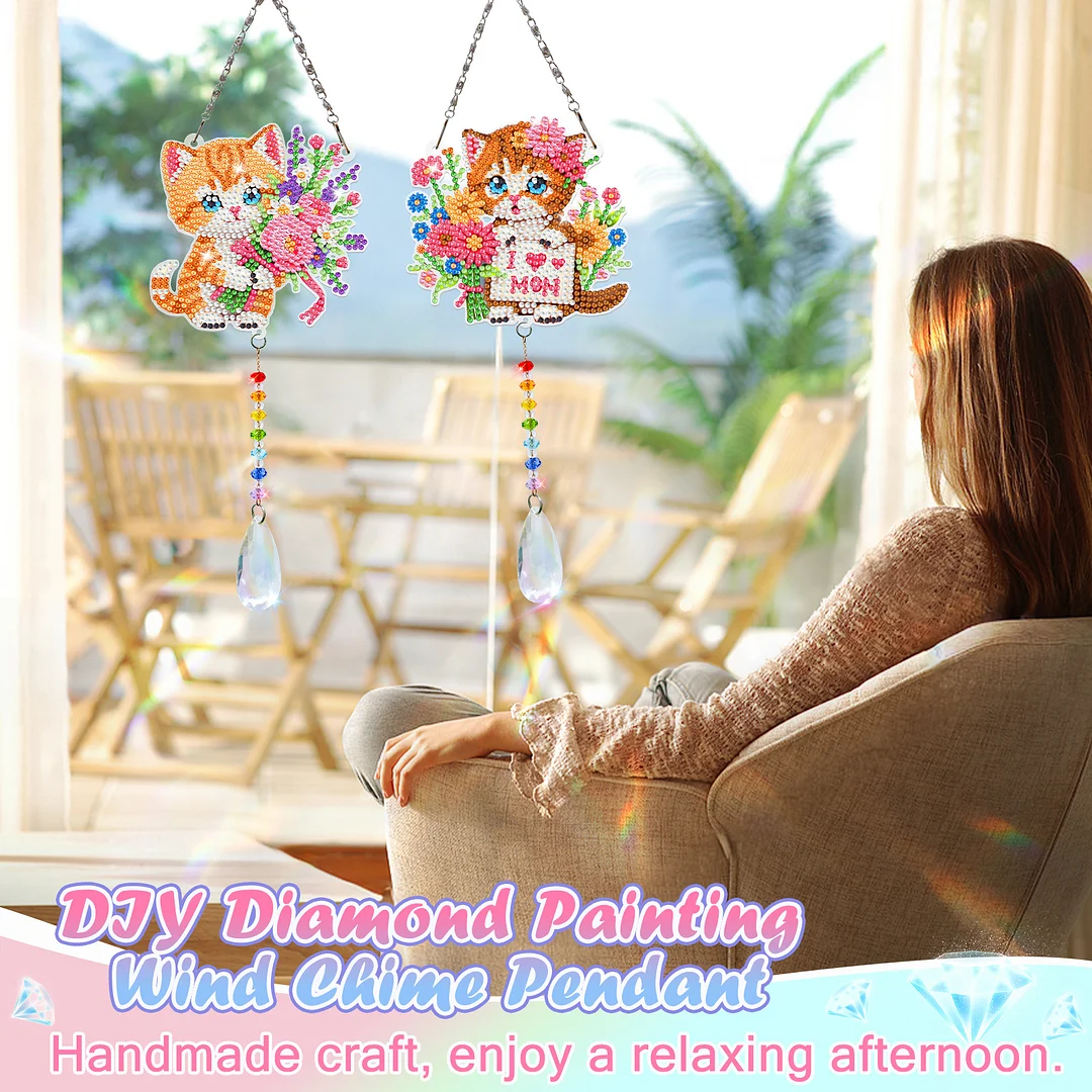 2Pcs Cat DIY Acrylic Diamond Painting Art Wind Chimes with Crystal Pendant Diamond Art Hanging Pendant Double-Sided for Adults Beginners Gift Home Garden Decor