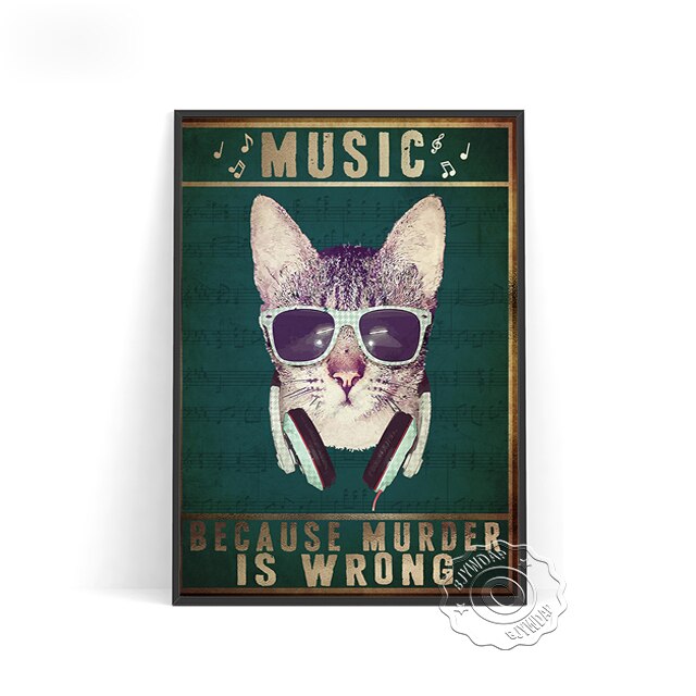 Yoga Music Because Murder Is Wrong Retro Painting Poster Nordic Style Meditation Wall Cat Pictures Yoga Gym Home Wall Decor Gift