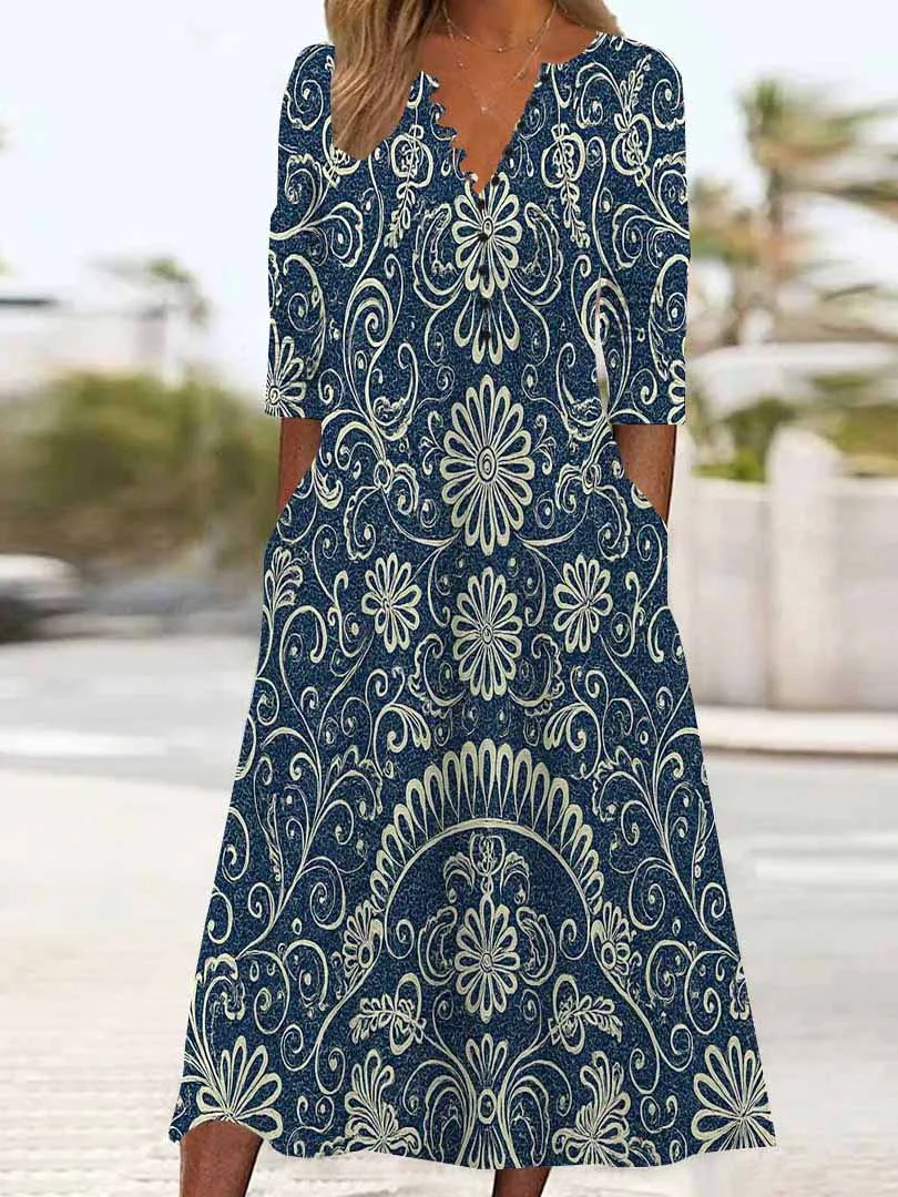 Women Graphic,Blue DZHB8178 Long Sleeve V-Neck Graphic Printed Midi Dress