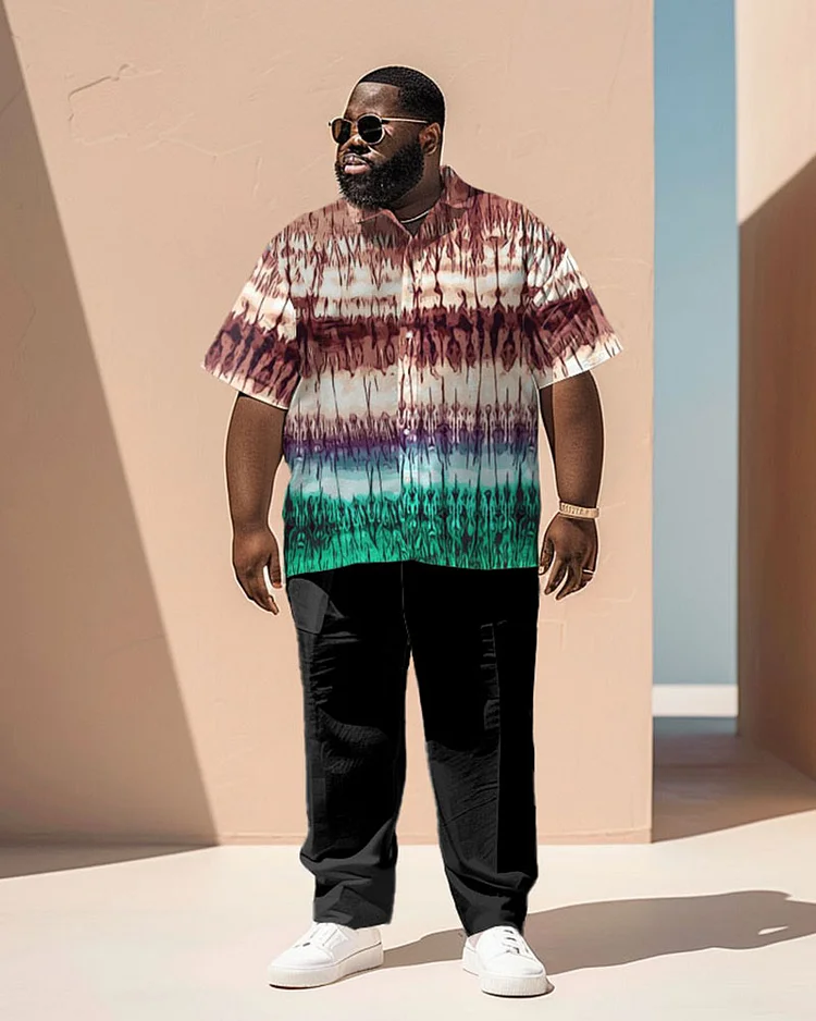 Men's Plus Size Business Simple Contrast Color Gradient Tie Dye Printing Short Sleeve Shirt Suit