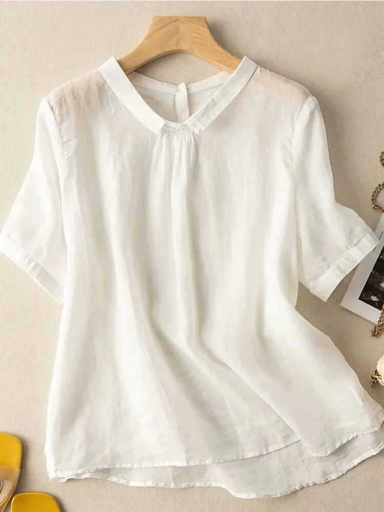Women Solid Loose Short Sleeve Lapel Casual Blouse