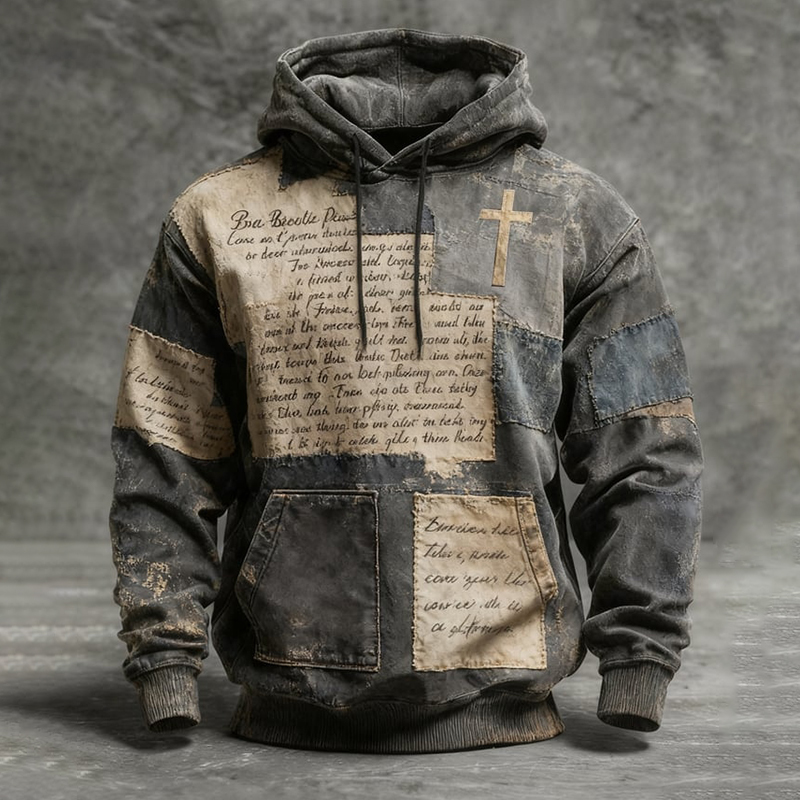 Men's Vintage Faith Patchwork Print Long Sleeve Hoodie elevenforest