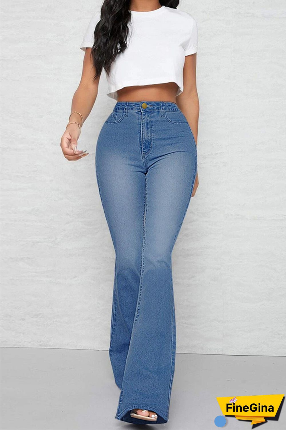 Baby Blue Casual Solid Patchwork Mid Waist Regular Denim Jeans