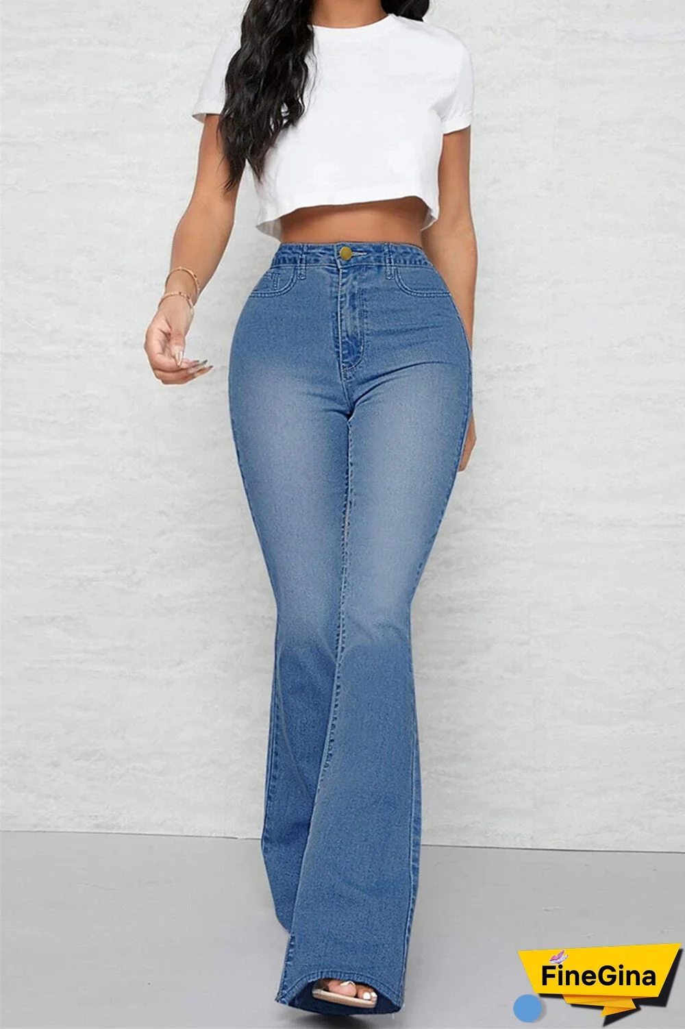 Baby Blue Casual Solid Patchwork Mid Waist Regular Denim Jeans