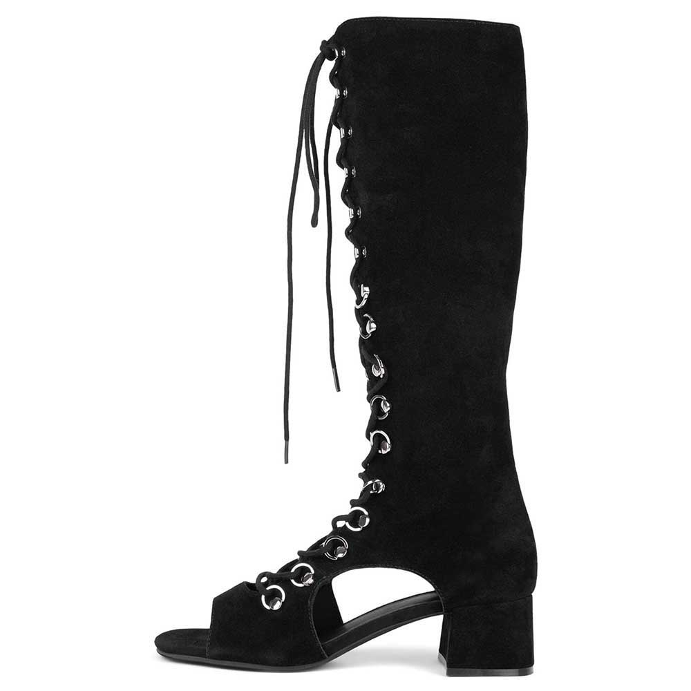 Black Open Toe Chunky Heel Lace-Up Knee High Gladiator Booties Nicepairs