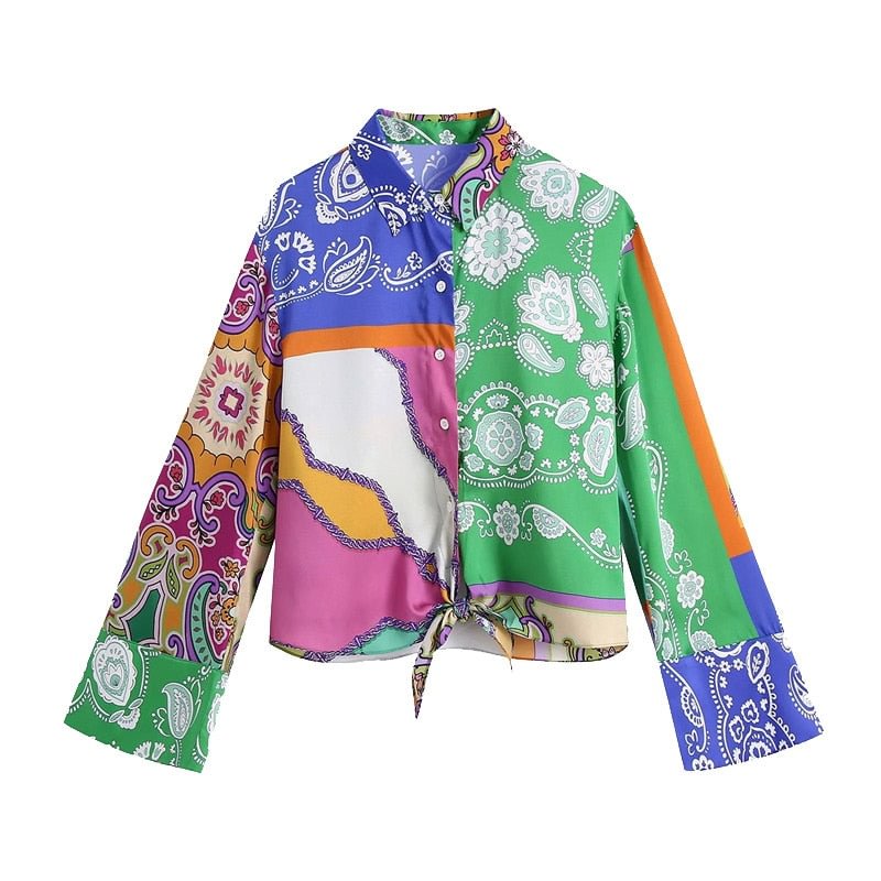 TRAF Women Fashion With Bow Tied Patchwork Print Blouses Vintage Long Sleeve Button-up Female Shirts Blusas Chic Tops