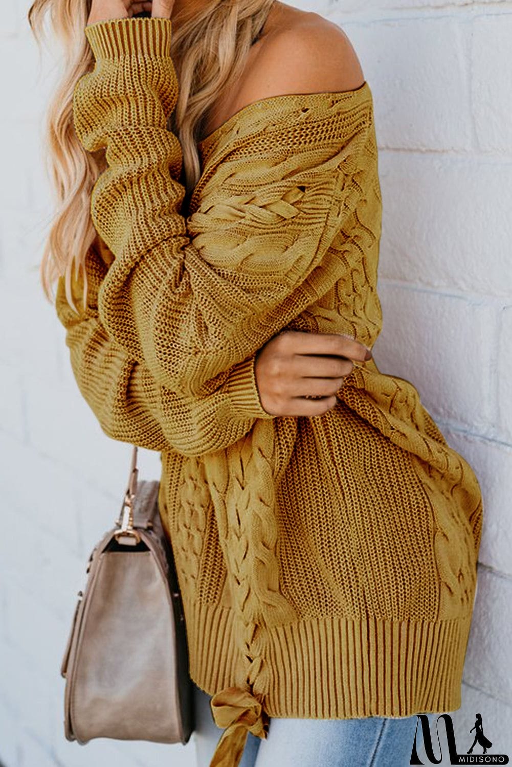 MidiSono - Love Letters Cable Knit Lace Up Sweater