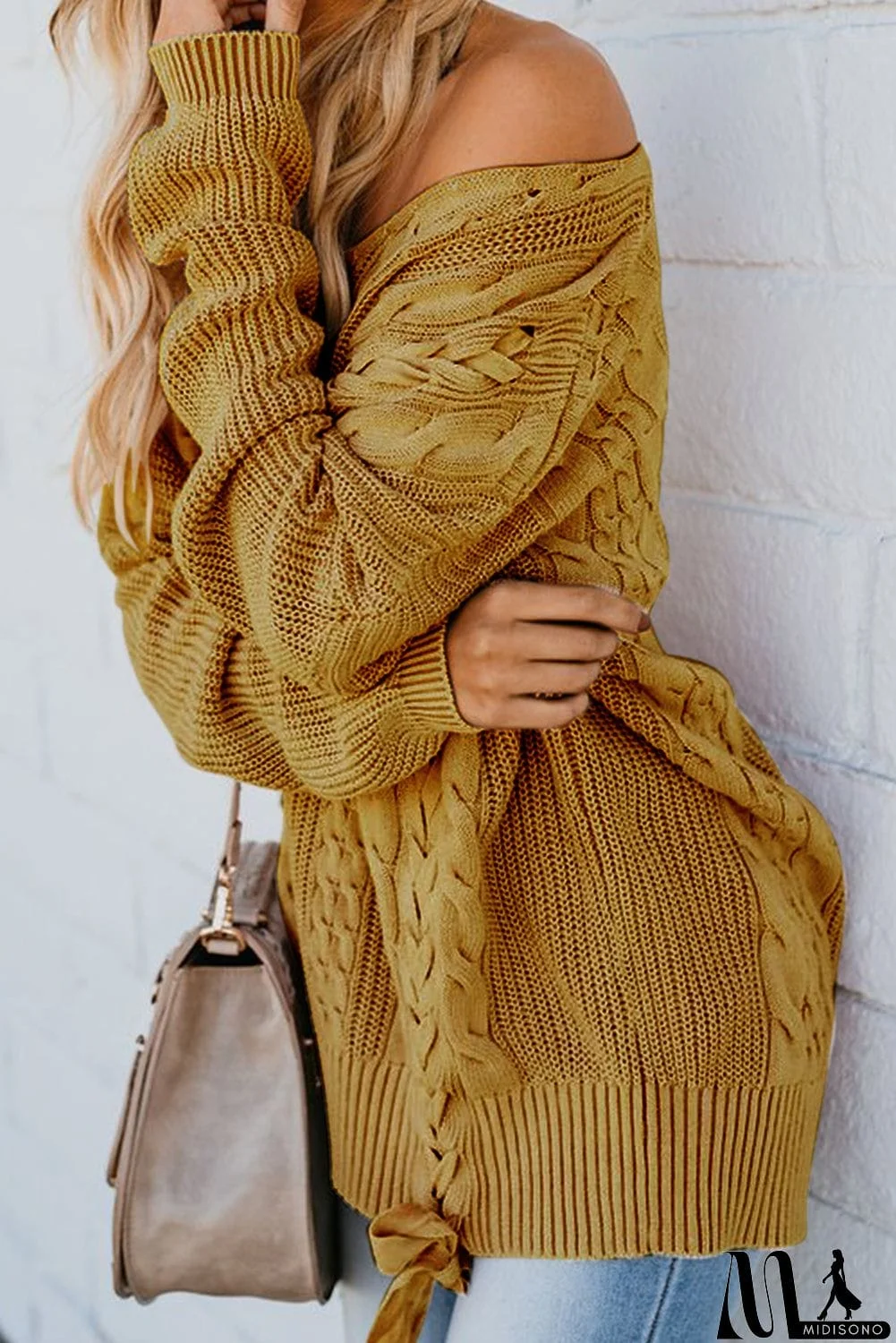 MidiSono - Love Letters Cable Knit Lace Up Sweater