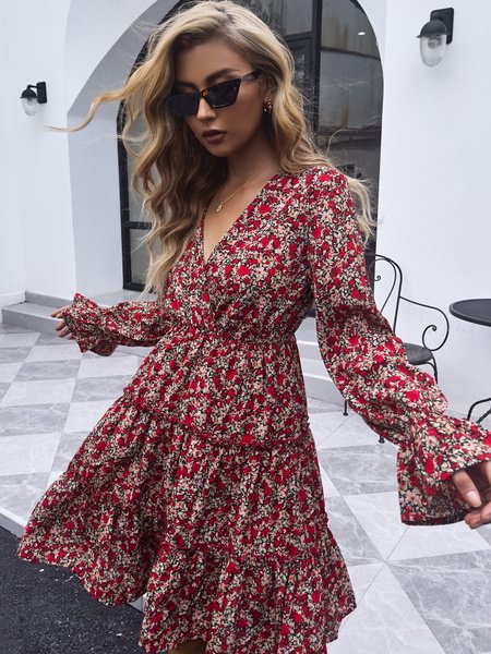 V-Neck Red Floral Mid-Length Casual Long-Sleeved Dress - BlackFridayBuys