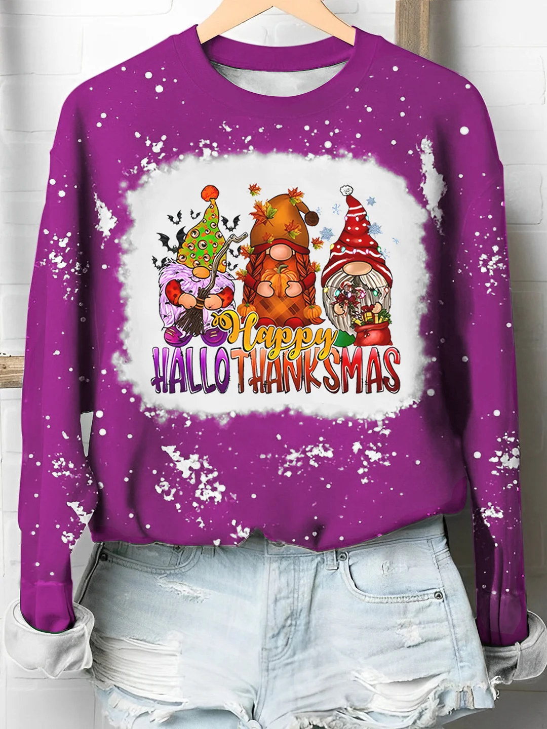 Happy Hallothanksmas Gnomes Print Holiday Bleaching Crew Neck Shirt