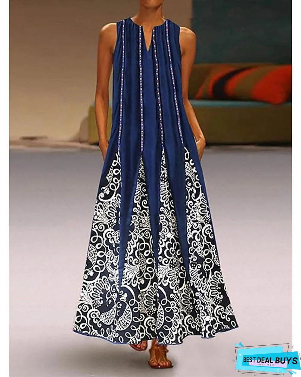 Women's Tunic Maxi Long Dress Sleeveless Tribal Print Summer Plus Size Hot Casual White Black Blue Red Green