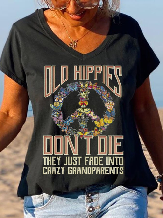 Butterflies Old Hippies Don't Die V-neck Graphic Tees