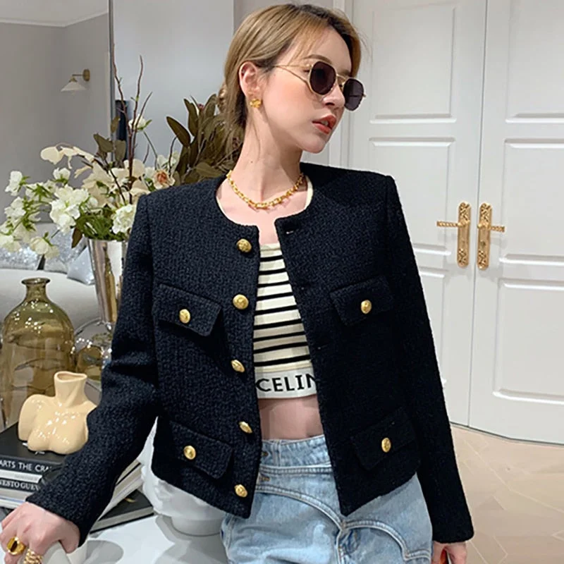 Designer Fashion Button Single Breasted Short Jacke Coat Women Vintage Elegant Tweed Black Cosaco Outerwear Traf Clothes