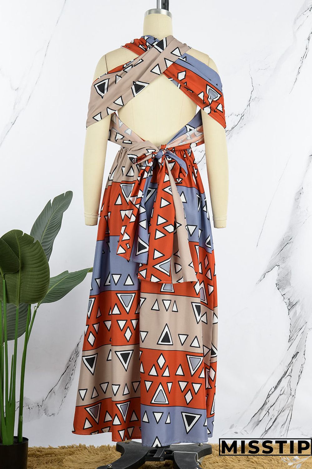 Brick Red Vintage Elegant Print Bandage Patchwork Asymmetrical Collar A Line Dresses