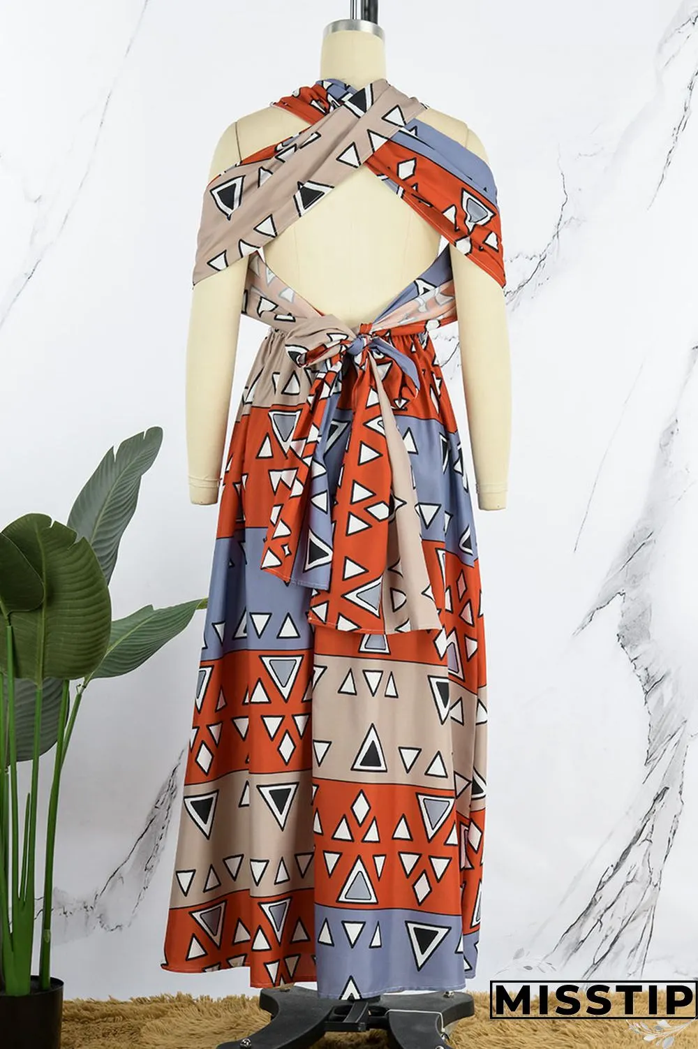 Brick Red Vintage Elegant Print Bandage Patchwork Asymmetrical Collar A Line Dresses