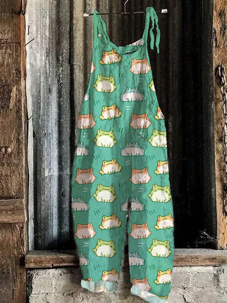 Cute Frogs Farm Animal Print Linen Blend Jumpsuit
