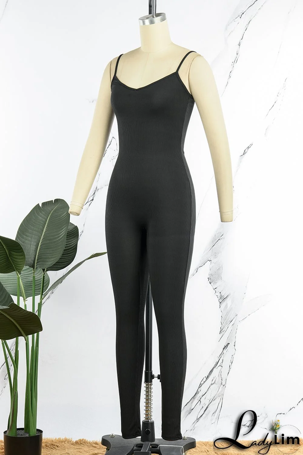 Grey Sexy Casual Sportswear Solid Backless Spaghetti Strap Skinny Jumpsuits