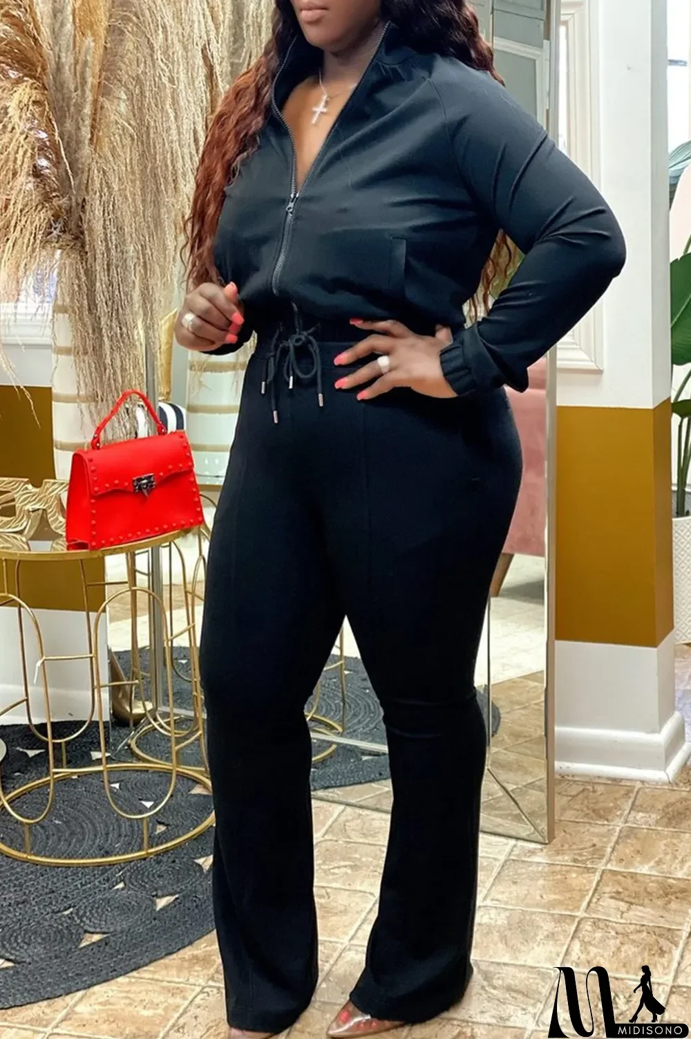 MidiSono - Yellow Fashion Casual Solid Basic Zipper Collar Plus Size Two Pieces