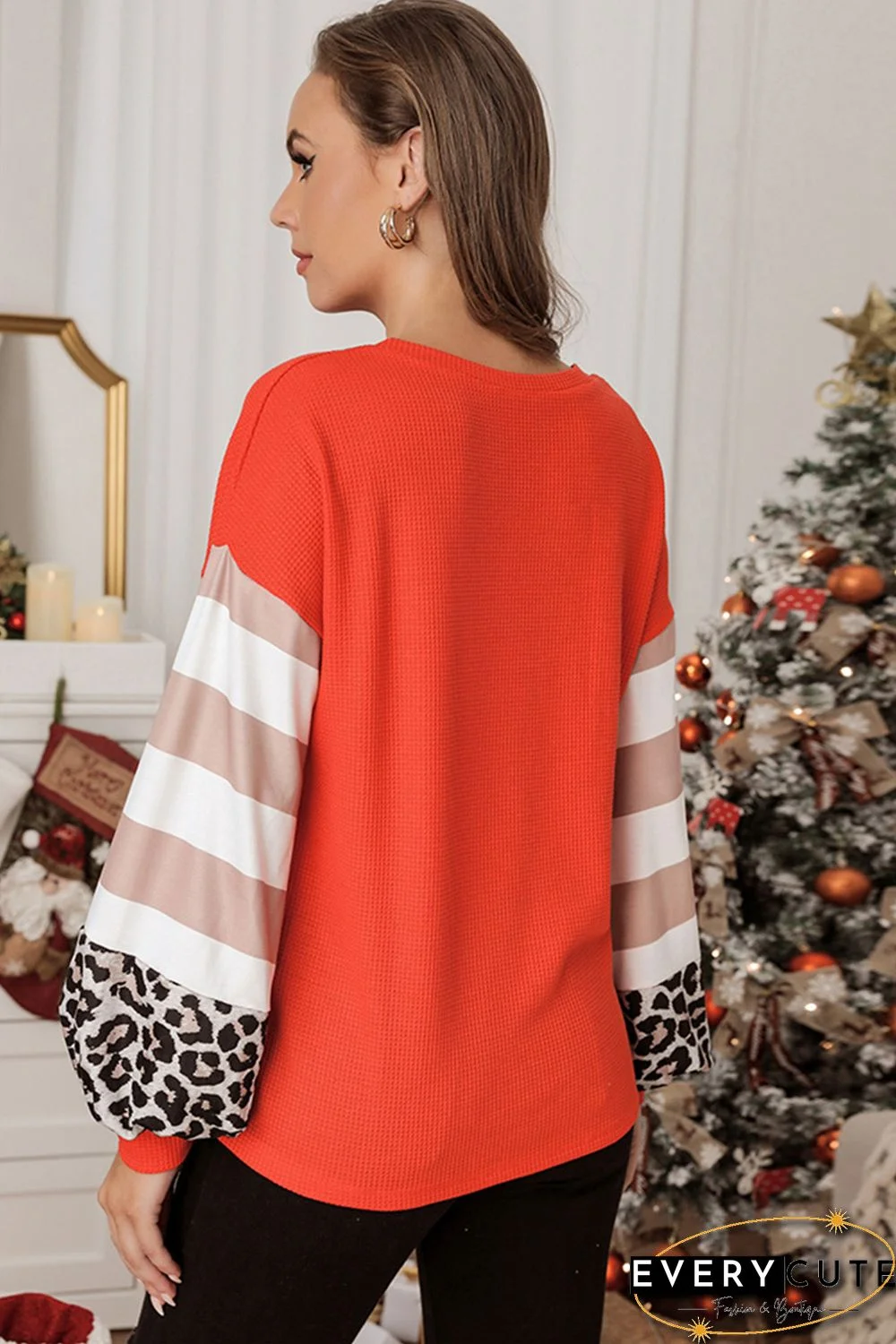 Leopard Letter Christmas Graphic Print Waffle Knit Shirt